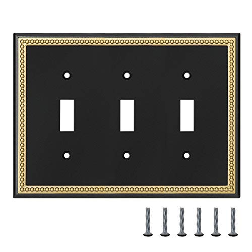 Pearled Frame Decorative Wall Plate Switch Plate Outlet Cover (Triple Toggle, Black & Dark Golden) - style: Triple Toggle