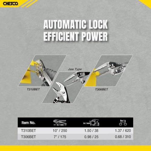 CHESCO 7" Long Nose & 10" Curved Jaw 4th Gen Self-Adjusting Locking Pliers, One-Hand Auto-Lock Design, Heavy-Duty Cr-V Steel Professional Hand Tool for Automotive, Plumbing & DIY (2-Piece) - size: 7 Inch & 10" Inch