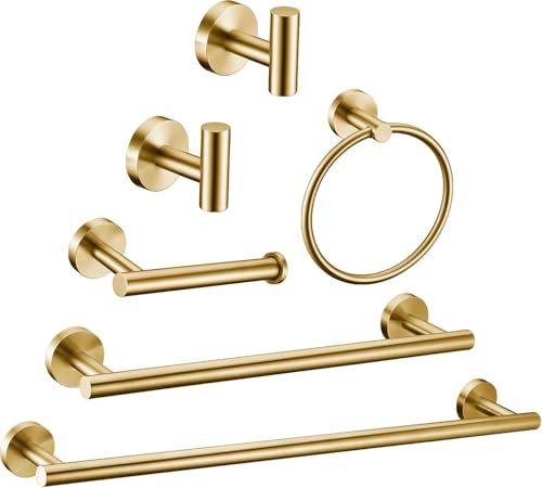 6 Pieces Brushed Gold Bathroom Hardware Accessories Set Hand Towel Ring 16&23.6 inch Round Towel Bar Toilet Paper Holder Towel Hooks 2 Pieces SUS 304 Stainless Steel,Heavy Duty,Wall Mounted - color: Brushed Gold, size: 6 piece 24"