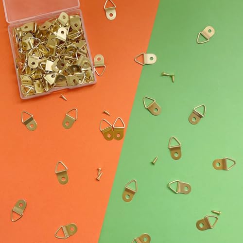 100 Pieces Small Triangle Ring Steel Picture Hangers with 100 Pieces Screws - color: Gold