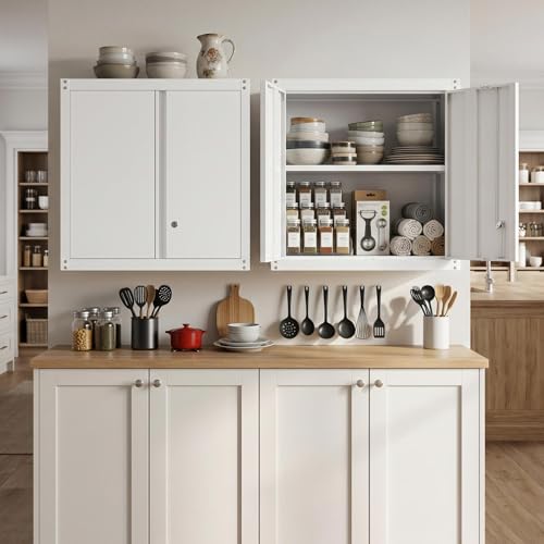 Metal Wall Cabinet, Steel Locking Cabinet for Office, Home Office Cabinets with Doors and Shelves, Garage Cabinets for Utility Room, Laundry Room - color: 28"h - White