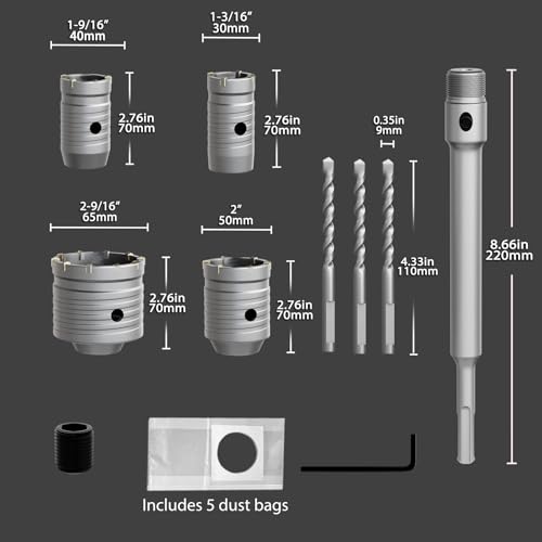 CATITO 11 Piece Set of Concrete Hole Saw (30mm 40mm 50mm 65mm),Concrete Hole Saw Kit for Concrete with SDS Plus Shank Connecting Rod and 5pcs dust Bag, Cement|Brick Stone|Wall. - size: 4PCS