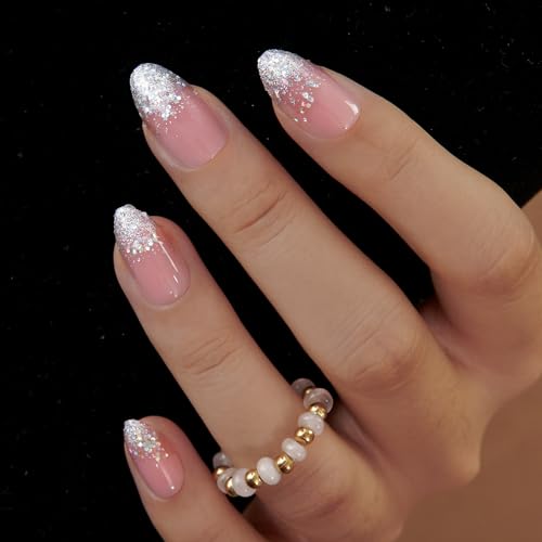 Curvlife Press On Nails Medium Almond Apricot - 30pcs Handmade Glitter Press on Nails with Glue, Glossy Nude Pink Apricot Full Cover Fake Nails Long Lasting False Nail Tips for Women - color: A1 - glitter nails