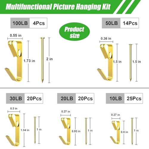 169 Picture Hanging Kit, 10-100lb Picture Hook Sets, Boxed 83 Metal Picture Hangers and 86 Nails, Suitable for Wooden Walls, Plasterboard Picture Hooks.