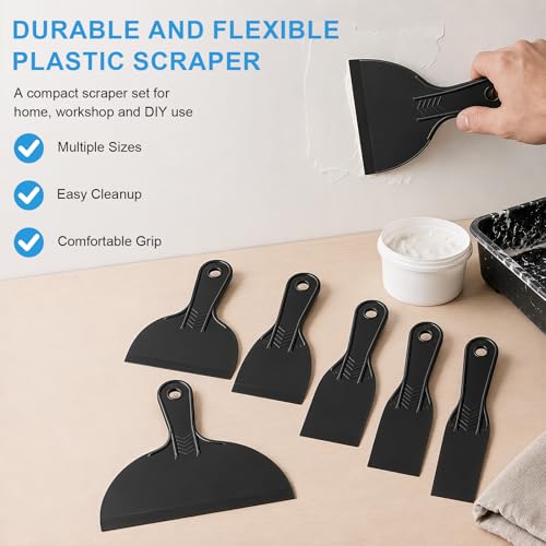 6 Pack Plastic Putty Knife Set, 6 Assorted Sizes 1.5" 2" 3" 4" 6" 8" Flexible Plastic Scraper Tools for Spackling, Drywall Repair, Patching, Caulking & Wallpaper Removal