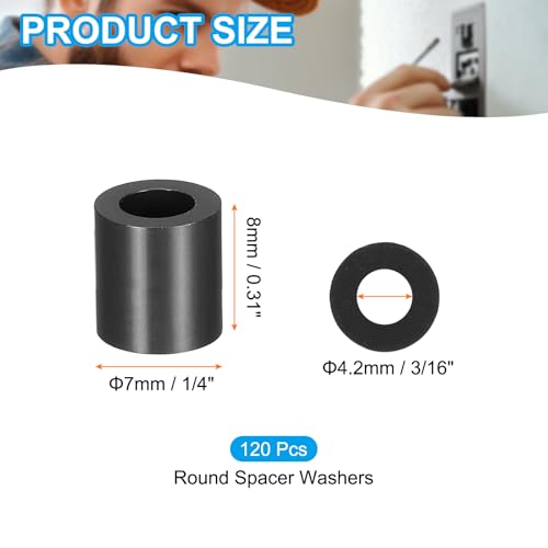 PATIKIL 120Pcs ABS Spacers 4mm ID, 7mm OD, 8mm Height Plastic Round Stud Spacer Black Nylon Washers Nut Unthreaded Rubber for M4 Screws Bolts Barrel - size: 4mm ID, 7mm OD, 8mm Height
