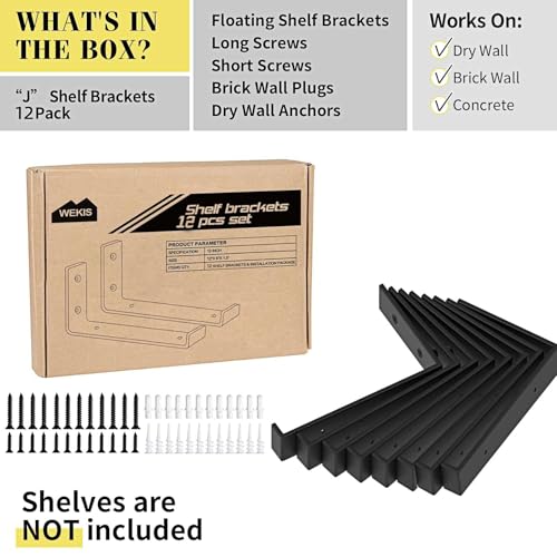 WEKIS Shelf Brackets 12 Inch, Strong Heavy Duty Floating Shelf Brackets Pack of 12, Industrial Metal Iron Matte Black Shelving Brackets 1/5 Inch Thick Brackets for Shelves 12 PCS - size: 12 Inch