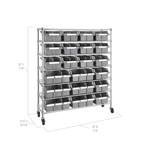 7-Tier NSF 21-Bin Steel Wire Shelving Rack, 48"W x 14"D x 56"H, Gray | 21 slide-out bins with tilt-lock design keep supplies organized, accessible - color: Gray, size: Includes 21 Bins