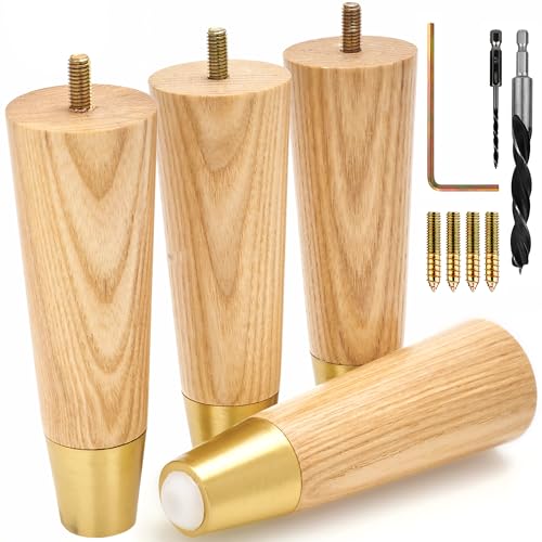 Airy Abode Premium Ash Wood Furniture Legs with Gold Caps (Full Install Kit) - Pick Your Size and Color - color: Ash / Gold, size: 6 Inches