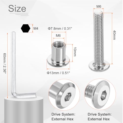 HARFINGTON 10 Set M6x40mm Hex Drive Socket Cap Bolt and M6x10mm Nuts with M4 Hex Wrench, Furniture Connector Bolts and Screws for Furniture Countersunk Belt, Silver - size: M6x40mm, M6x10mm