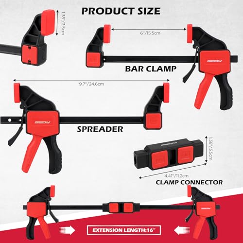 3-Pack 6 Inch Bar Clamps for Woodworking with Clamp Connector, 6" Quick-Release Wood Clamps with 150 LBS Load Limit, Trigger Clamp Set, One-Handed Clamps/Spreader Ideal for Woodworking DIY Projects - style: 6" (3-Pack) | Extends to 12"+
