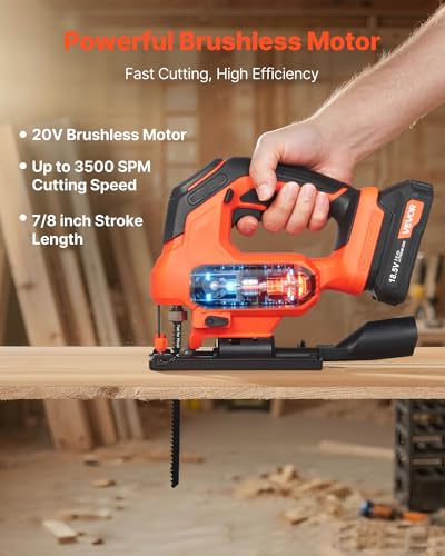 VEVOR 20V Brushless Cordless Jig Saw, 7/8" Jigsaw Tool for Makita 18V Battery, 3500 SPM & 6 Variable Speed, Battery & Charger, LED Light, 0-45° Bevel Cuts, 6 Blades, 4 Orbital Settings, Wood & Metal - size: 7/8 in-110V