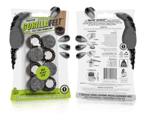 GorillaFelt CB257 Chair Leg Floor Protectors/Felt Glides (Set of 8) Tap On Felt Furniture Pads Guaranteed to Stay On, 1 Inch Round Sliders - size: 1 Inch 8 Pack
