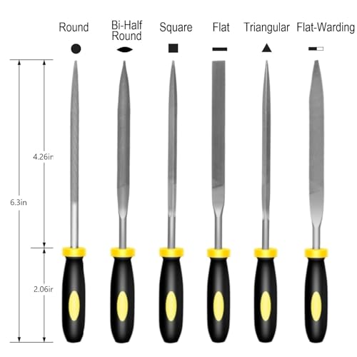 Mini Hand Files, 6pcs, Total 6.3in, Strength Alloy Steel Needle File Set, Small Metal File Tools for Detailed Tasks, Includes Round, Bi-Half Round, Flat, Square, Flat Warding, Triangular