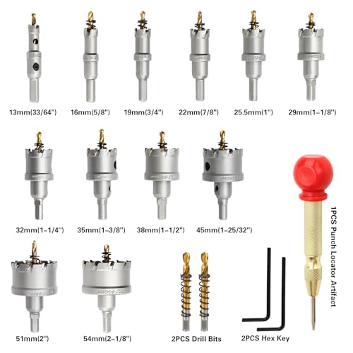 13PCS Carbide Hole Saw Kit for Metal(33/64'' to 2-1/8''),Heavy Duty Hole Cutter Drill Bits Set for Stainless Steel, Iron, Aluminum, Wood, Plastic - size: (33/64'' to 2-1/8'')-13PCS