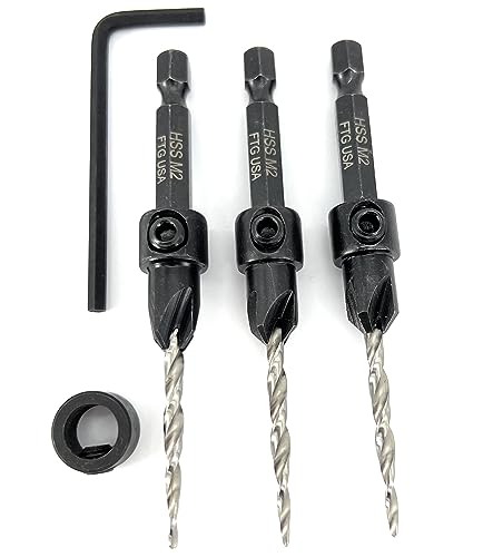 FTG USA #6 (9/64") Wood Countersink Drill Bit 3-Pc Set with 3/8" Depth Stop - size: #6, style: 3 Pc with Depth Stop