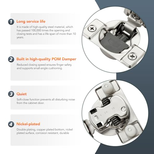 Satin Nickel Cabinet Hinges 1-1/2 Inch Overlay 10 Pack(5 Pairs) | Stainless Steel Build, Soft Close Concealed Hinge, 3D Self-Closing Adjustment, Face Frame Door Fit, Kitchen Cabinets - size: 1-3/8 inch Overlay