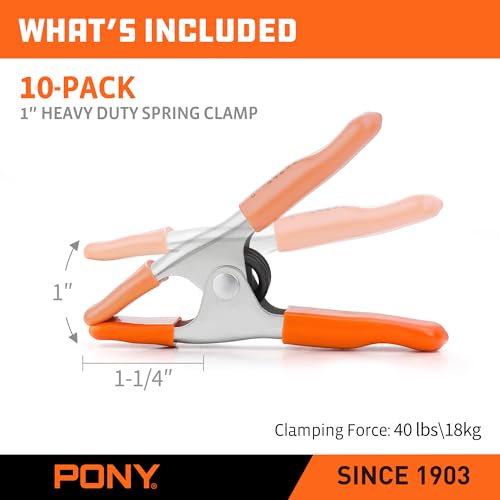 PONY 4" Heavy Duty Metal Spring Clamps with Protective Tips, 10-Piece | 1" Jaw Opening, Protective Handles and Tips, Metal Spring Clamps for Woodworking and DIY Projects - size: 4 Inch 10-Piece