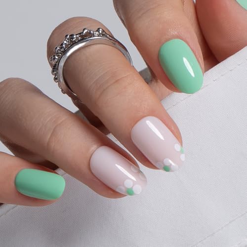 CurvLife Short Oval Floral Press On Nails, Spring Dot White, Soft Gel - color: C3 - Spring Dot