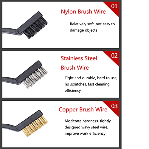 3Pcs Mini Wire Brush Set for Cleaning and Rust Removing, 7 Inch Industrial Wire Brushes of Stainless Steel/Nylon/Brass Bristles - color: Black