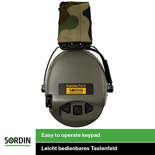 Sordin Supreme PRO X SOR75302-X-G-S - Active Adjustable Ear Muffs - Hearing Protection - Gel Seals - Camo Canvas Headband and Green Cups