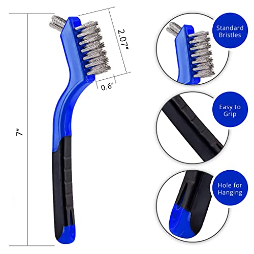 Lavaxon Wire Brush Set 3Pcs - Nylon/Brass/Stainless Steel Bristles with Curved Handle Grip for Rust, Dirt & Paint Scrubbing with Deep Cleaning – 7 Inches (Blue) - color: Blue