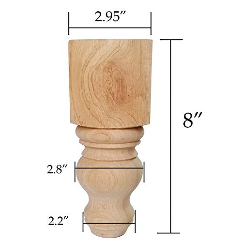 8" Wood Furniture Legs Bun Feet Unfinished Furniture Feet for Cabinet Sofa Bench Ottoman, Dresser Foot Replacement 2 Pcs