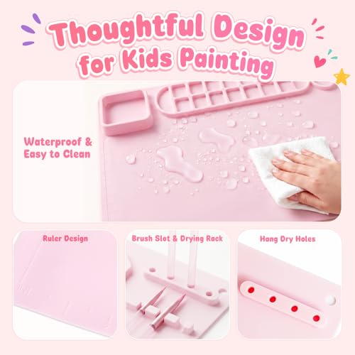 Zimuvora Silicone Painting Mat Set, Paint Mats for Kids with Foldable Silicone Cup, 4 Detail Paint Brushes, 2 Sponge Pads, Apron & Mixing Tool, Washable Art Table Mat (Pink) - color: Pink