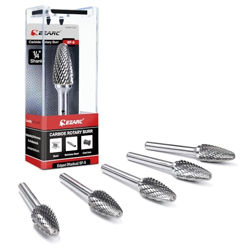 EZARC Tungsten Carbide Rotary Burr Set, 5PCS SF-5 Double Cut, 1/4" Shank - style: SF-5, 5PCS
