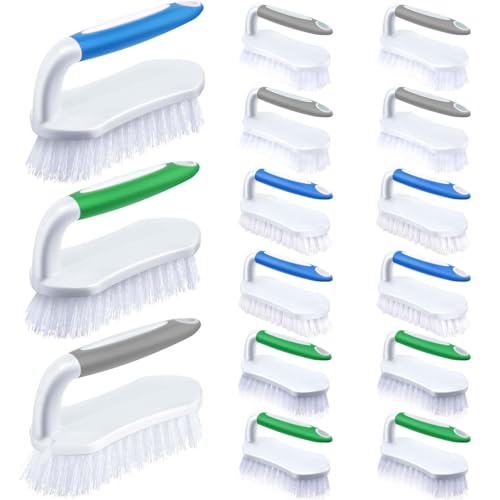 Lallisa 12 Pcs Scrub Brush Bulk for Cleaning with Handle, Gray, Green, Blue - color: Gray Handle, Green Handle, Blue Handle