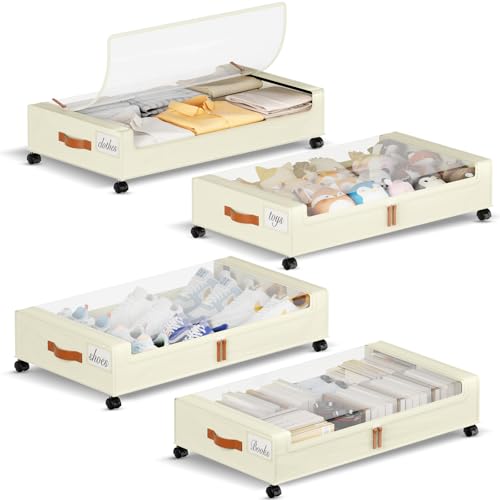 Yecaye 60L Under Bed Storage with Wheels, 4 Pack, Beige - color: Beige, size: 4 Pack