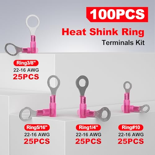 22-18 AWG/Gauge Heat Shrink Ring Terminal Kit Wire Connector Cable End Lugs - size: 22-18AWG-100pcs