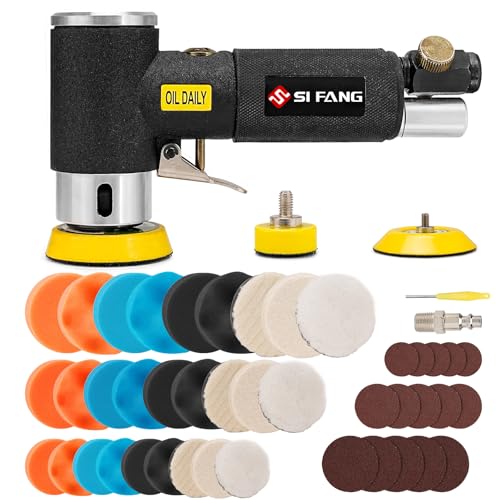 SI FANG 1'' 2'' 3'' Mini Random Orbital Air Sander Kit, Pneumatic Polisher | High Speed Small DA Sanders for Auto Body Work, Includes 27Pcs 1/2/3in Polishing Sponge & Wool Pads, 15Pcs Sandpapers (Black) - style: 1"2"3" Buffer&Sander Kit