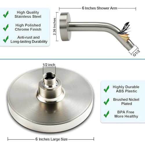 6" Rain Shower Head & 6" Shower Arm, Luxury Brushed Nickel Finish - color: Brushed Nickel, size: 6 Inch Round (1 PCS + Shower Arm)
