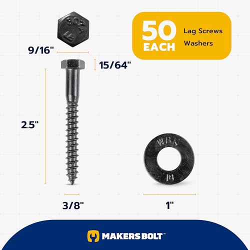 3/8 x 2-1/2 (50 Pack) Lag Screw Kit, 50 Screws and 50 Washers, Ceramic Black Ruspert Coating for Exterior Use, Meets ASTM A307 and ASME B18.2.1, Industrial/Commerical Grade by Makers Bolt - size: 3/8 x 2-1/2