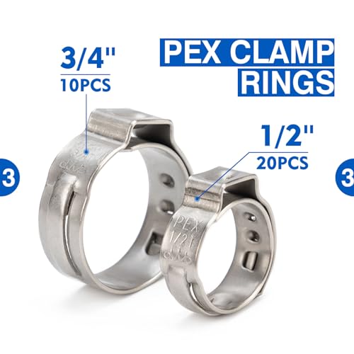 iCrimp PEX Crimping Tool Kit for 3/8-in, 1/2-in, 3/4-in, 1-in PEX Clamp Cinch & Removal, c/w 1/2''(20 Pack) and 3/4''(10 Pack) PEX Clamp Rings, PEX Tubing Cutter