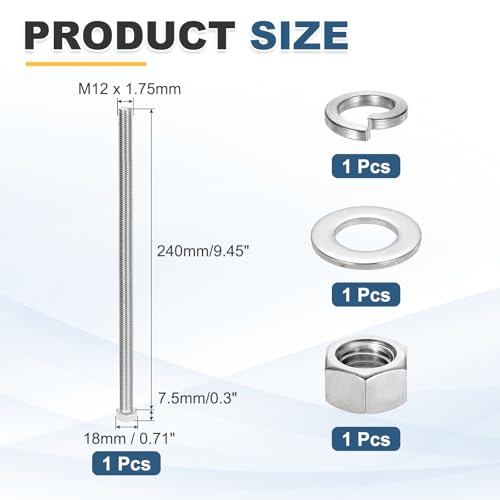 MECCANIXITY M12 x 240mm 304 Stainless Steel Hex Head Screws Bolts, Nuts, Flat & Lock Washers Assortment Kit, Fully Threaded, Bright Finish for Home, Electronic, Machine, 1 Sets - size: M12 x 240mm
