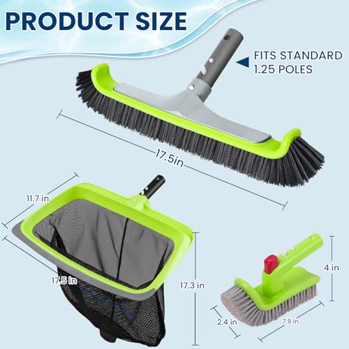 Sepetrel 3-Piece Pool Cleaning Kit (No Pole), 17.5" Aluminum Wall Brush, Leaf Skimmer Net with Rubber Edge and 90° Rotatable Scrub Brush for Above Ground Pools and Vinyl Liners - size: Rubber Edge Rake(No Pole)