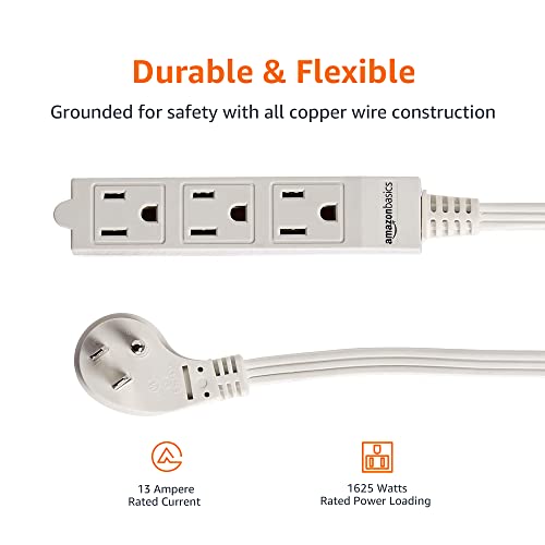Amazon Basics 3-Prong Indoor Rectangle Extension Cord Power Strip, Flat Plug, Space-Saving, Grounded, 3 Outlets, 13 Amps, 125 VAC, 3 ft, White, 2-Pack - size: 3 ft