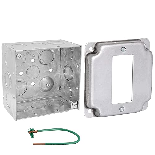 Pack of Box and Cover 4'' Square Electrical Box, 1 Rocker Switch, Exposed Work Cover, Crushed Corners, Welded Construction, Ten 1/2'' and Six TKO Knockouts, Raised Ground, 2-1/8'' - size: Rocker Switch
