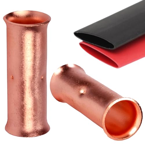 SVAAR 0000 Gauge Flared Barrel Butt Splice Connectors Kit 6PCS 4/0 AWG Non-Insulated Butt Connectors Bare Pure Copper Flared Compression Butt Splices Crimp Butt Terminals+6 PCS Heat Shrinks - color: Bare Copper