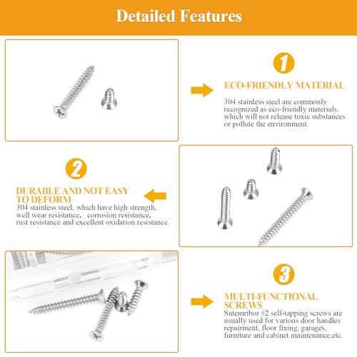 245 Pieces #2 x 1/4" 3/8" 1/2" 5/8" 3/4" Wood Screws Set, Phillips Countersunk Head #2 Self-Tapping Screws Assortment Kit, 304 Stainless Steel - size: #2, style: Phillips Countersunk Head