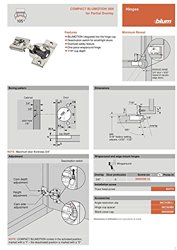 Blum 38N355B.10 Compact BLUMOTION 38N Hinge, Soft-Close, 105 Degree, 5/8 Overlay, Screw-on (Pack of 4)