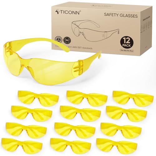 TICONN Clear Safety Glasses for Men & Women, ANSI Z87.1 Safety Goggles - style: 12 Pairs Yellow