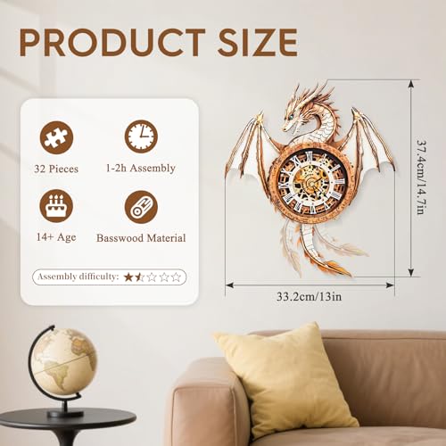 3D Wooden Puzzles for Adults-Dragon Clock Puzzle-Adult Crafts - color: Dragon Clock