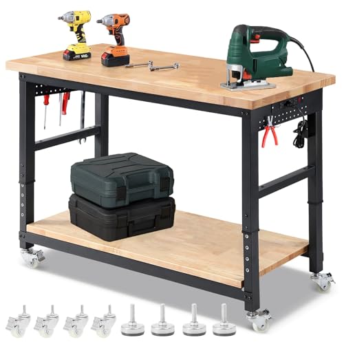 ENJOYWOOD 60" Heavy Duty Garage Workbench with Wheels, Adjustable Height