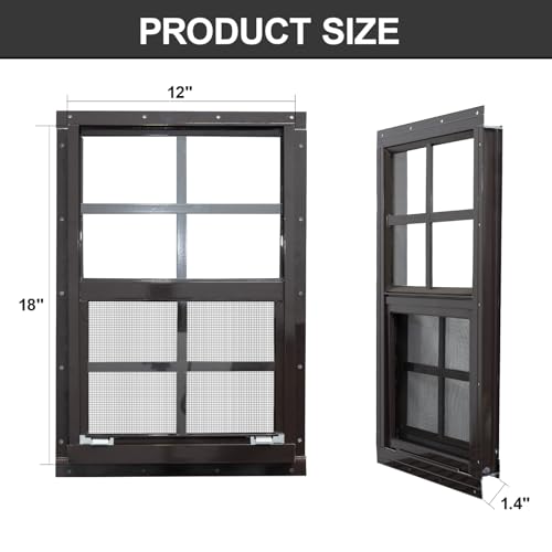 NeatiEase 2 Pack Shed Windows with Black Frame, 12x 18 Flush Mount Small Window with Tempered Glass and Fiberglass Screen for Shed, Chicken Coop, Playhouse, Household, Garage (Brown) - color: Brown, size: 12"x18"