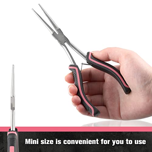 Long Reach Needle Nose Pliers with Teeth 7-Inch Extra Long Needle Nose Plier for Jewelry Making Small Long Reach Long Nose Plier Non-slip Handles Working In Tight Spaces, Pink Tool for Women - style: Needle Nose Plier with Serrated Jaw