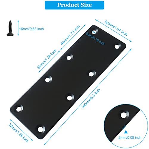 10 Pcs Black Flat Mending Plate Stainless Steel Flat Bracket 5.5 x 1.97 inch Metal Straight Brace Joining Fixing Bracket for Wood, with Screws