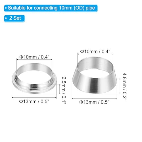 PATIKIL 10mm Tube OD 316 Stainless Steel Compression Tube Fitting Sleeve, 2 Pack Double Ferrule Ring Tubing Fitting Assortment Kit, Silver - size: 10mm